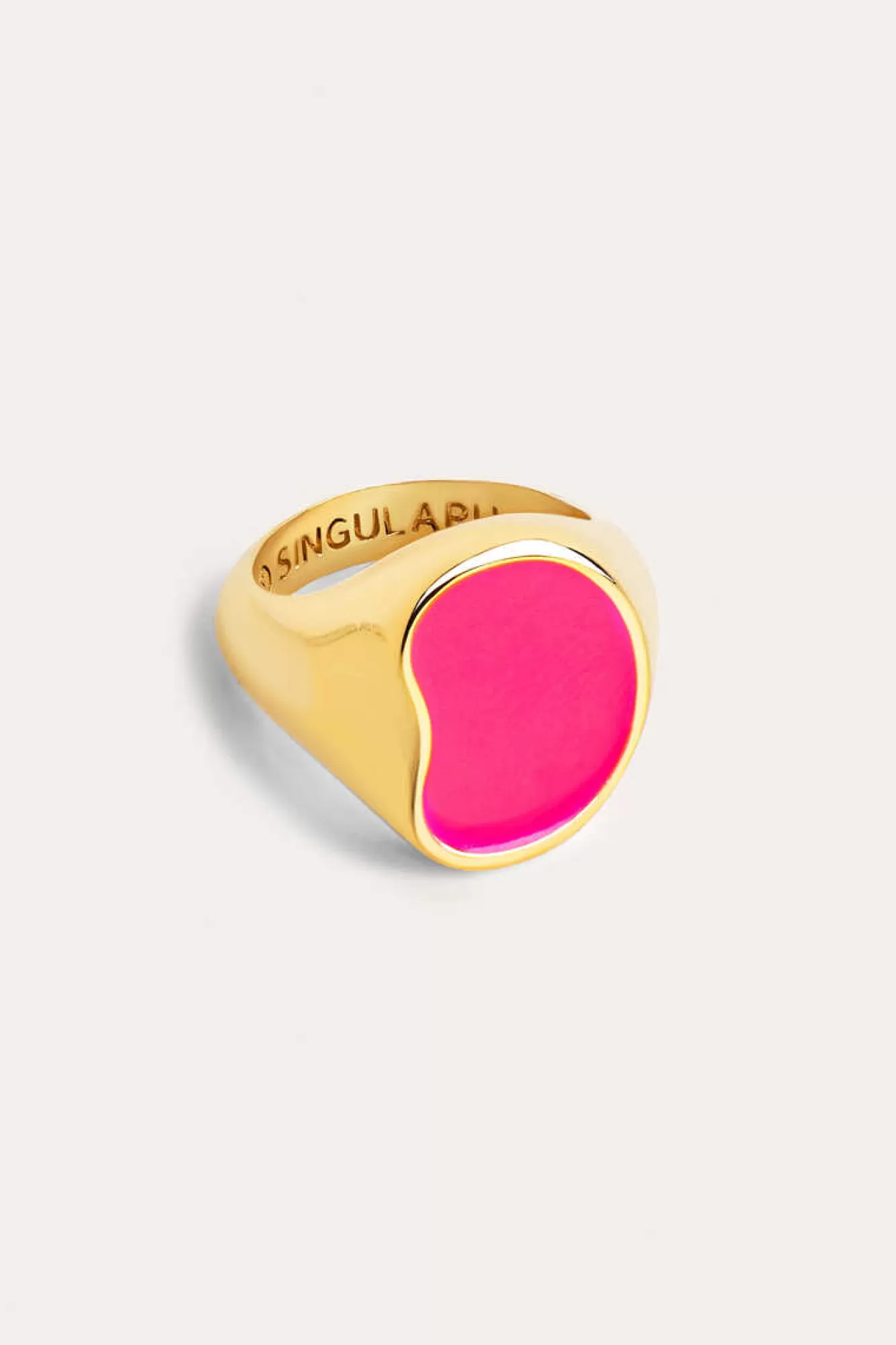 Singularu Anel Signet Bean Neon Pink Enamel Ouro