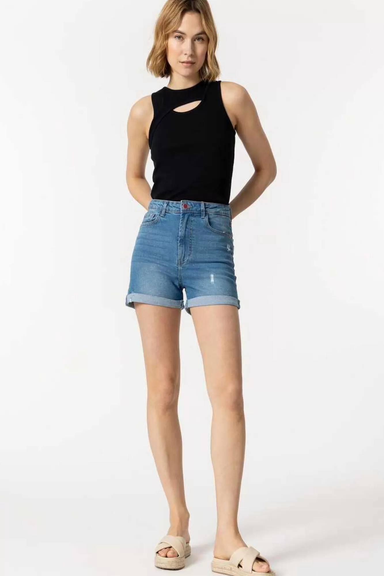 Tiffosi Bermuda Mom Fit De Cintura Alta Rasgoes