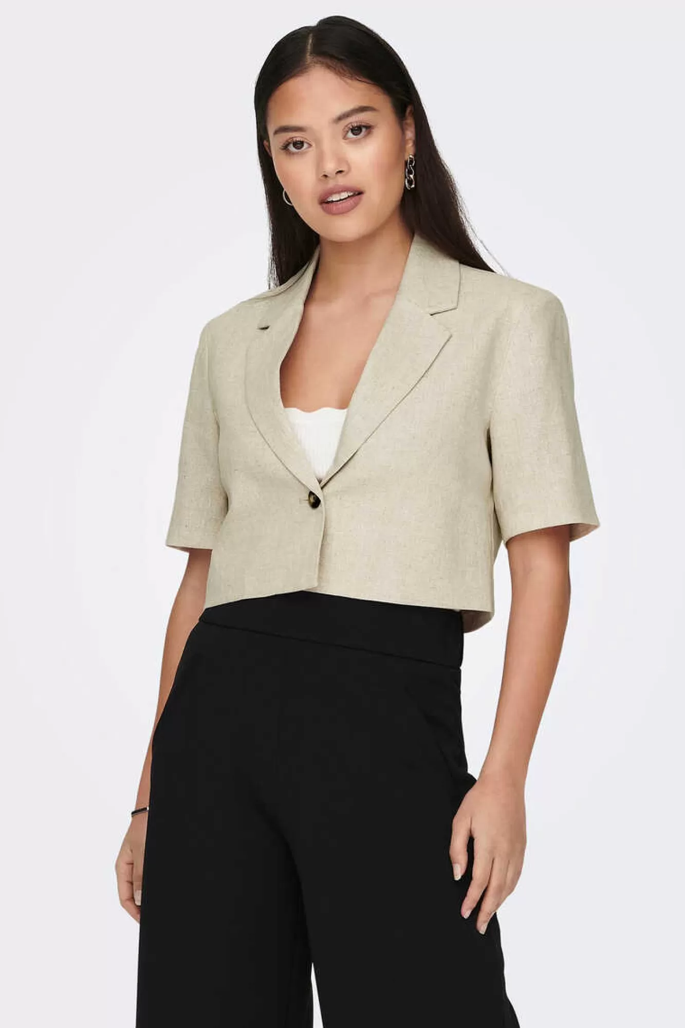 JDY Blazer Cropped Manga Curta Com Linho