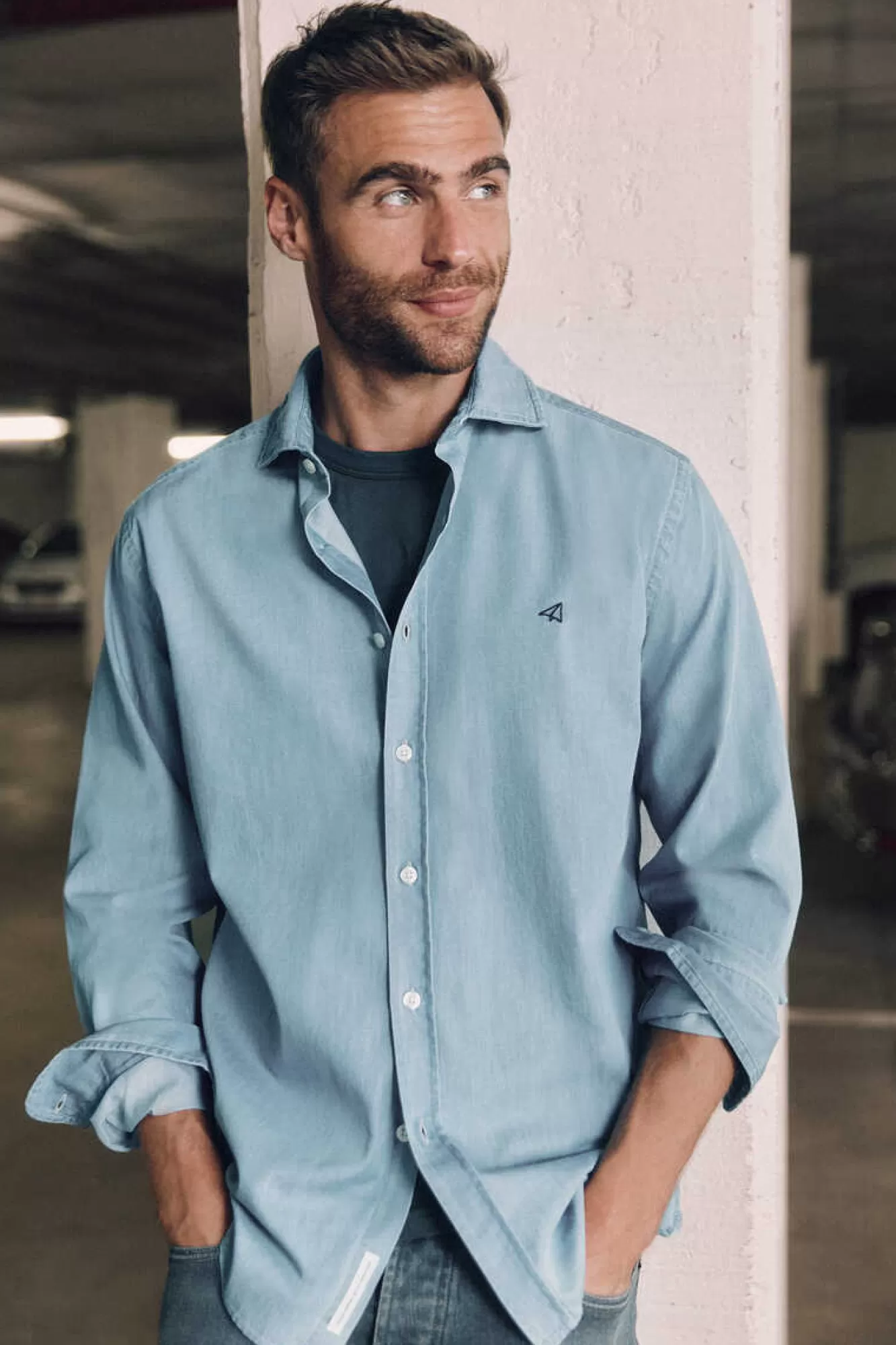 Ooto Camisa Slim Denim Manga Comprida