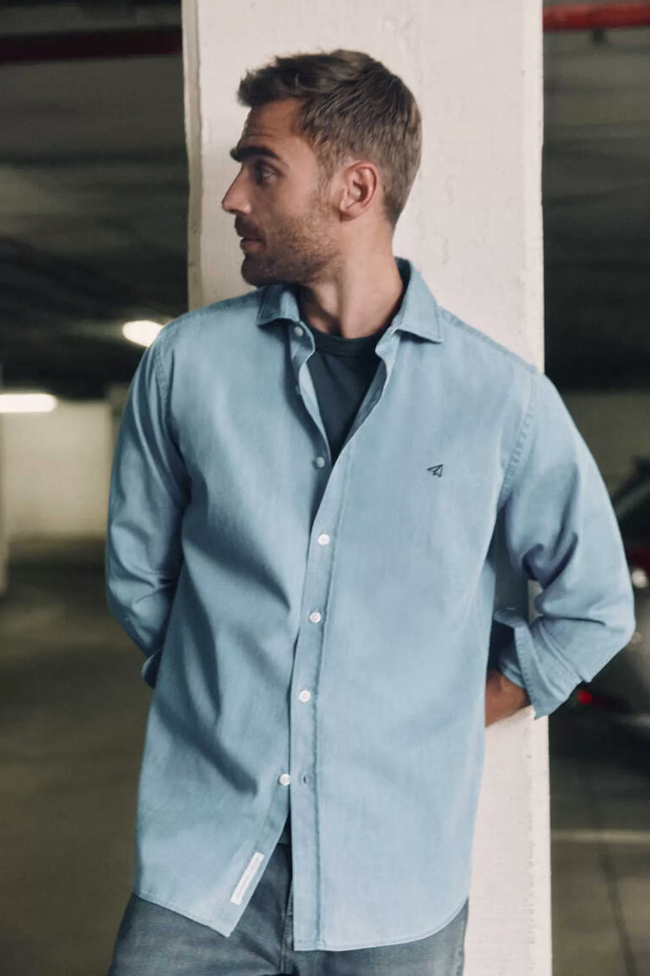 Ooto Camisa Slim Denim Manga Comprida