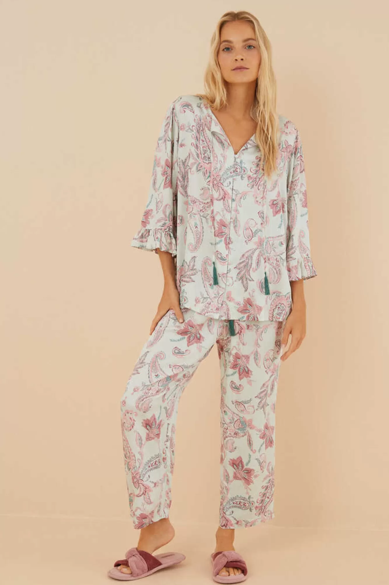 Women'secret Pijama Paisley Manga Curta Folho Calças Capri