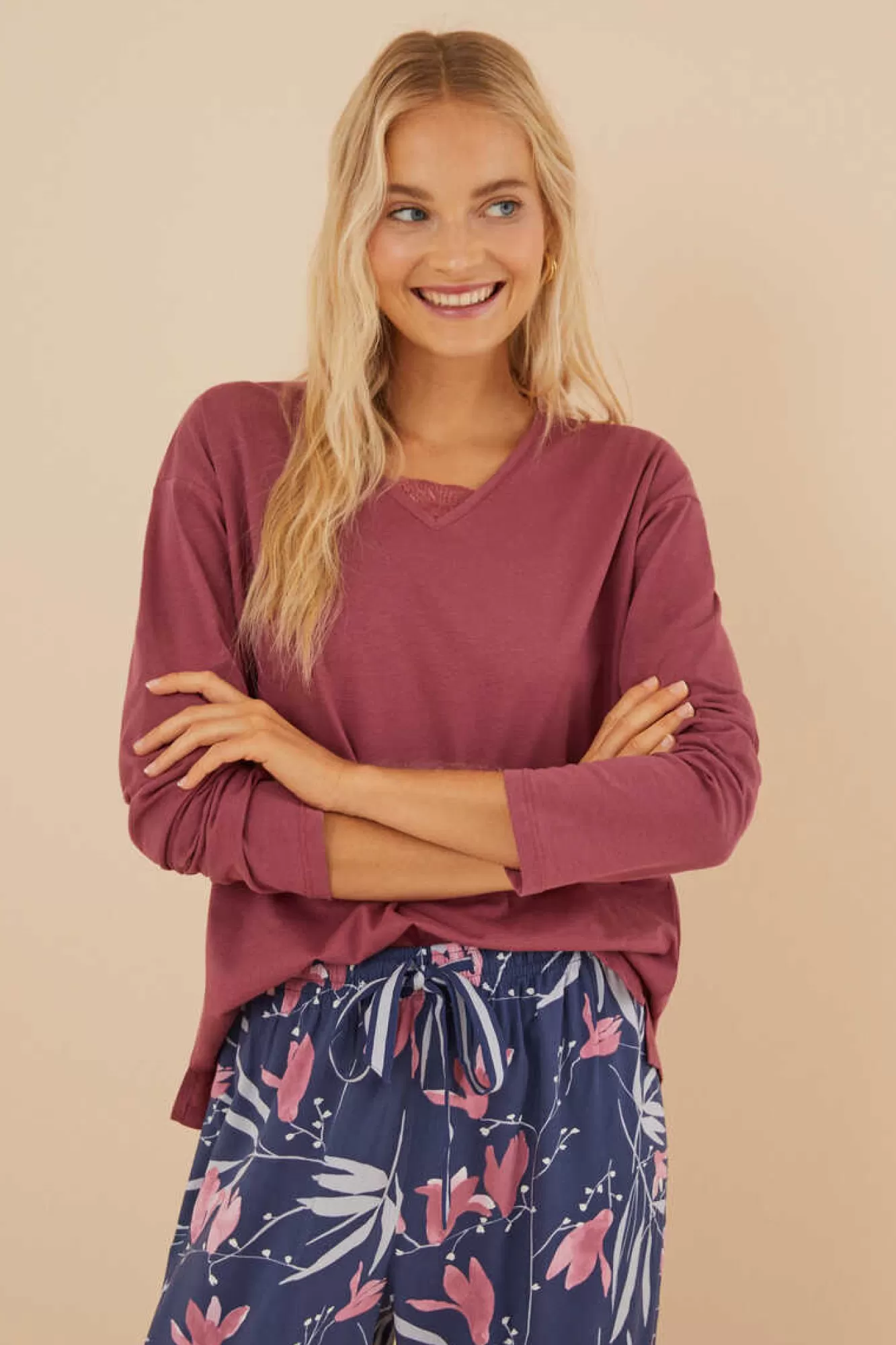 Women'secret T-Shirt 100% Algodao Em Grena Com Renda